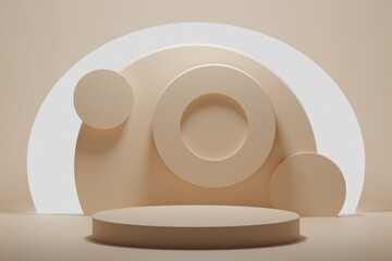 Beige geometric podium with glowing circle and minimalistic elements background 3d illustration