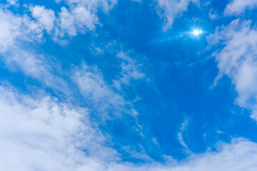 Fototapeta na wymiar 青空と雲と太陽フレアの背景素材_l_01