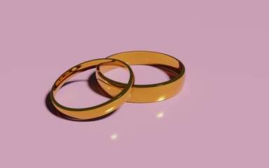 3D render of two golden wedding rings isolated on a pink background