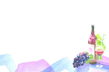 水彩で描いた赤ワインと葡萄の背景イラスト