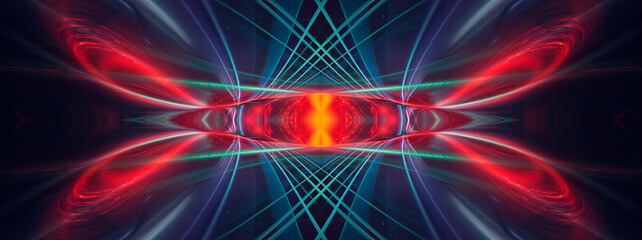 Bright abstract background, banner with abstract elements. Neon fantastic background, space background. Futuristic neon banner, bright multicolored lines, rays. 3D illustration.