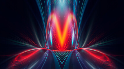 Bright abstract background, banner with abstract elements. Neon fantastic background, space background. Futuristic neon banner, bright multicolored lines, rays. 3D illustration.