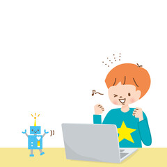 パソコンでプログラミングを学ぶ男の子とロボット