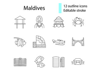 Maldives specialty outline icons set. Water plane, seafood. Editable stroke. Isolated vector stock illustration