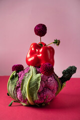 frukebana from pepper, cabbage and flowers