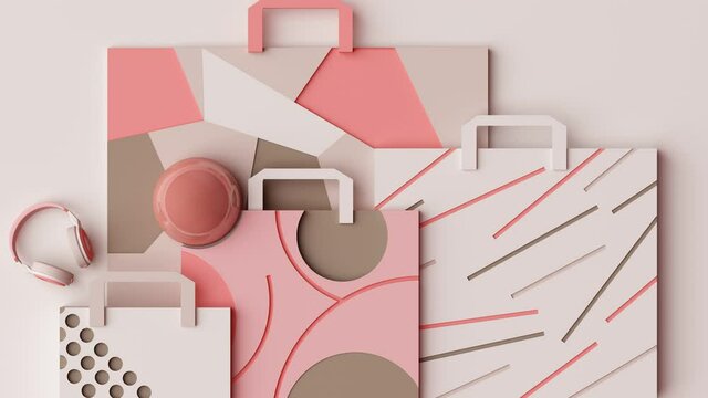 abstract geometric shopping bag pattern are arranged with geometric shapes in the arrangement from the top view gradually increasing parts into with stop motion technique pink tone 3d render loop 4k