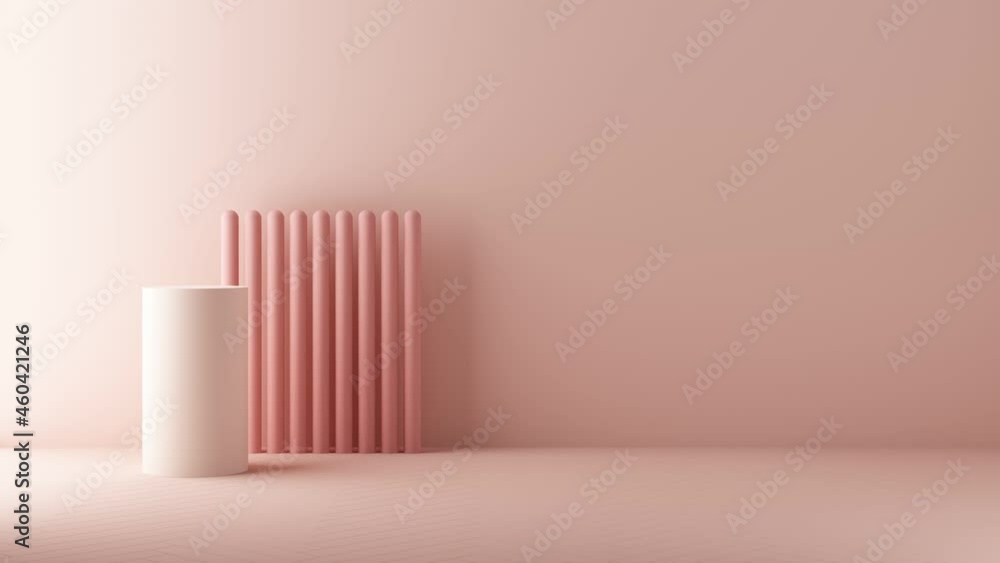 Poster pink and white color chairs, sofa, armchair in empty background composition surrounding by geometric