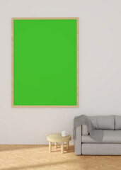3d rendering Large frame display green screen for product advertising on white wall and gray sofa and small wooden table.