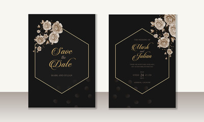 Watercolor floral wedding invitation card black and gold template, modern vector illustration
