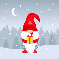 vector illustration of a gnome with a gift