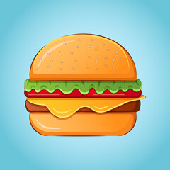 Burger with lettuce, cheese, tomatoes, meat and bun with sesame seeds on blue background