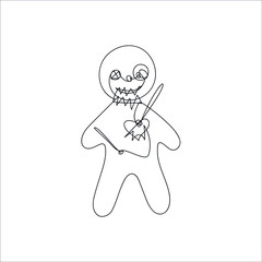 A voodoo doll pierced by needles into a fabric body drawn by one line. Continuous line art. Elements for halloween. Scary vector illustration.