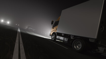 Low Angle View of a Box Truck on the Road at Night with Other Vehicles 3D Rendering