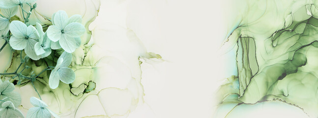 Creative image of pastel mint green Hydrangea flowers on artistic ink background. Top view with...
