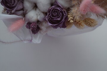 purple dried roses on a white background