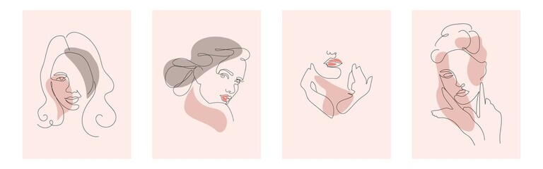 Female linear art portraits set. Logos for beauty salons, abstract vector portraits of women.