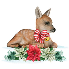 Watercolor sweet fawn with christmas decorations