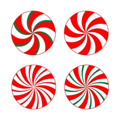 Vector set with red, green, white peppermint Christmas candies isolated on white background. Xmas traditional round sweets collection, graphic elements for Christmas greetings cards, home decoration.