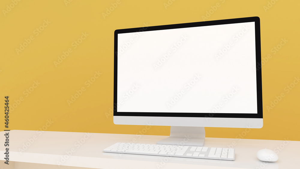 Aufkleber mock up monitor on yellow background,3d rendering