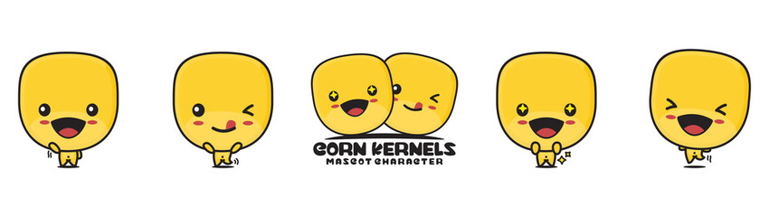 cute corn kernels mascot, food cartoon illustration, with different facial expressions and poses
