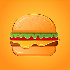 Burger with lettuce, cheese, tomatoes, meat on a bun with sesame seeds on a yellow background