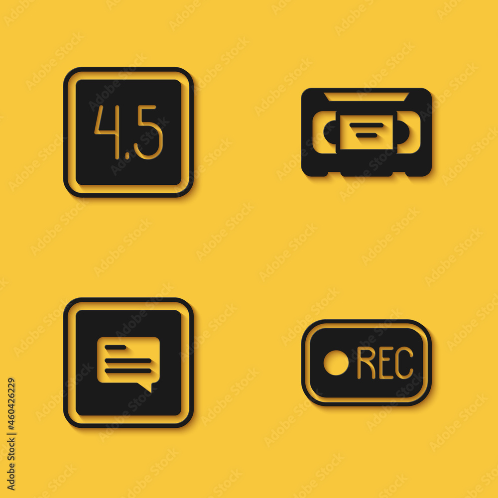 Poster set rating movie, record button, video with subtitles and vhs video cassette tape icon with long sha