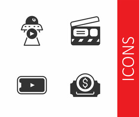 Set Cinema ticket, Science fiction, Online play video and Movie clapper icon. Vector