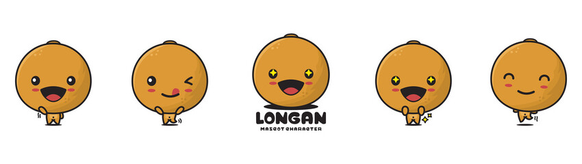 cute longan fruit mascot, food cartoon illustration, with different facial expressions and poses