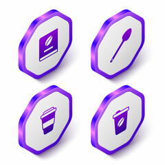 Set Isometric Coffee book, Teaspoon, cup to go and icon. Purple hexagon button. Vector