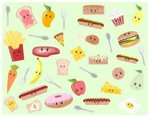 Vector background of food icon set with burger, cheese, pizza, buns, bread, corn, pop corn, cake, pancake, chicken, chips, ham, meat, sausages and spoon etc.