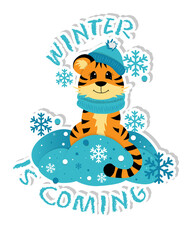 Sticker with symbol of the 2022 year. Cute little tiger is sitting in snowdrift. Winter colorful design for  social media communication, networking, greeting cards. Vector illustration.