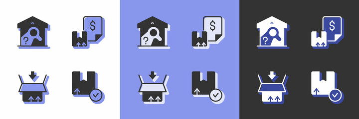 Set Carton cardboard box, Warehouse check, and Waybill icon. Vector