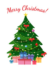 Decorated Christmas tree with star, lights, decoration balls and lamps. Merry Christmas and Happy New Year. Vector flat plane style illustration..