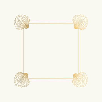 Golden square frame with shell. Vector vintage illustration.