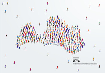 Obraz premium Latvia Map. A large group of people form to create a shape of the Latvia Map. vector illustration.
