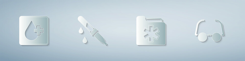 Obraz premium Set Blood test, Pipette, Medical health record folder and Glasses. Paper art style. Vector