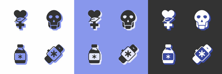 Obraz na płótnie Canvas Set Smart watch with heart, Ethnoscience, Bottle of medicine syrup and Skull icon. Vector