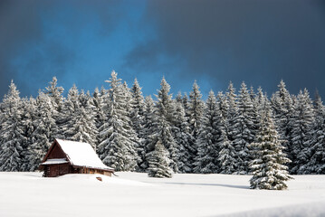 Wooden house in winter scenery, Beskids, Poland