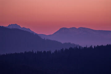 Mountain peaks at sunset, Beskids, Poland