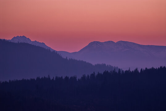 Mountain peaks at sunset, Beskids, Poland © MateuszKuca