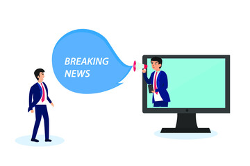 Male reporter announcing online breaking news on the computer monitor. Breaking news vector concept