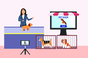 Woman making video for selling online dog on mobile phone application. Online pet shop vector concept