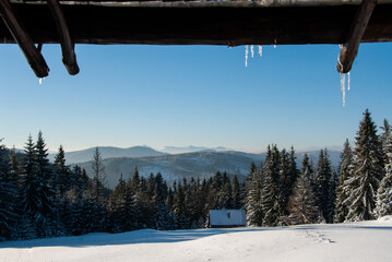 View from the window on the mountains, Beskids, Poland