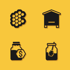 Set Honeycomb, Jar of honey and dipper stick, Sale in jar and Hive for bees icon with long shadow. Vector