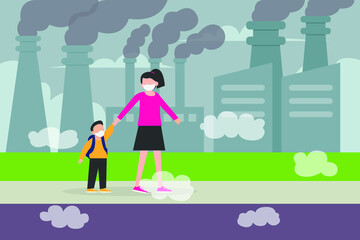 Air pollution vector concept: Mother and his son walking in industrial area with air pollution while wearing face mask