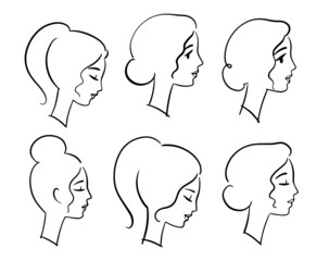 Set of woman portraits, romantic profile portrait. Hand drawn style. Different hairstyle. Simple logo for beauty salon.