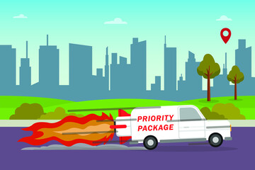 Priority package vector concept: Courier on the car driving fastly while carrying priority package 