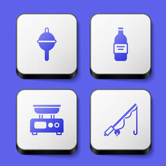 Set Fishing float, Bottle of vodka, Electronic scales and rod icon. White square button. Vector