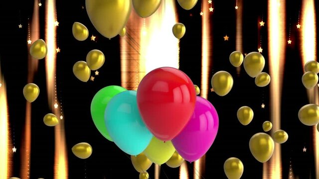 Animation of colorful balloons flying over glowing lights