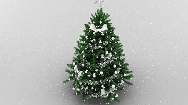 Animation of snow falling over christmas tree on white background